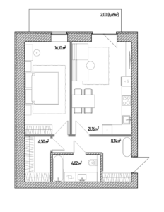 Floor plan of an apartment: bedroom (16.10 m²) left, living/dining area (21.16 m²) center, kitchen on right, bathroom (4.82 m²) bottom, balcony top with 2.00 m (6.69 m²) label (informative).